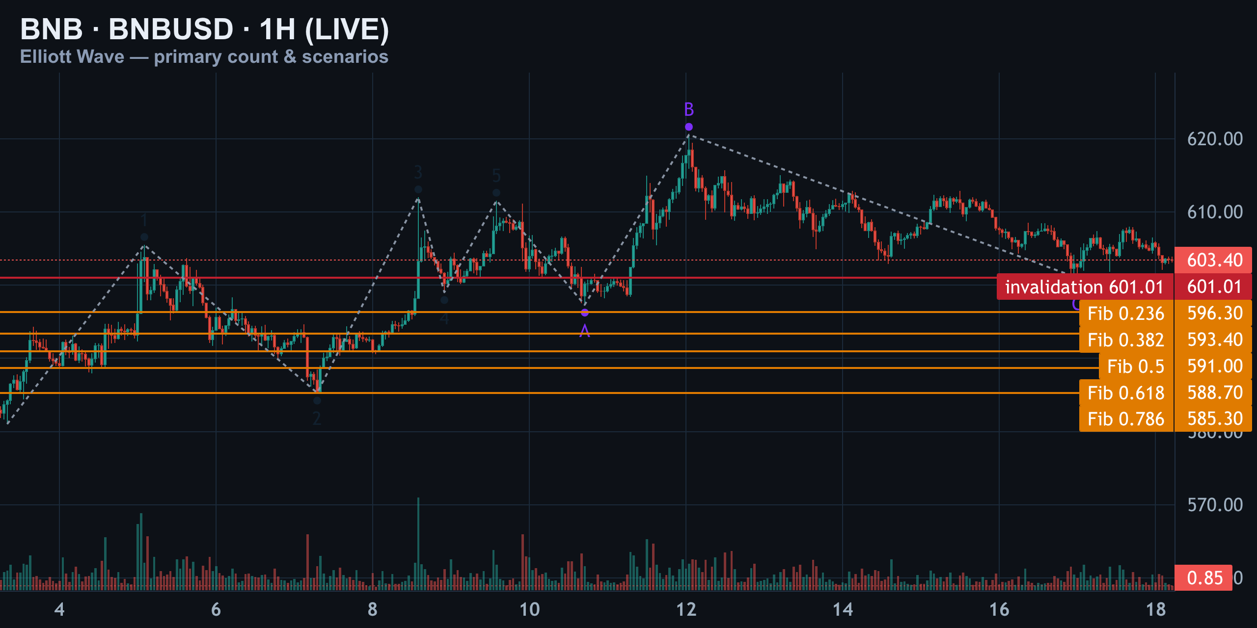BNB 1H — Primary Count vs Two Alternates — Finance With FM